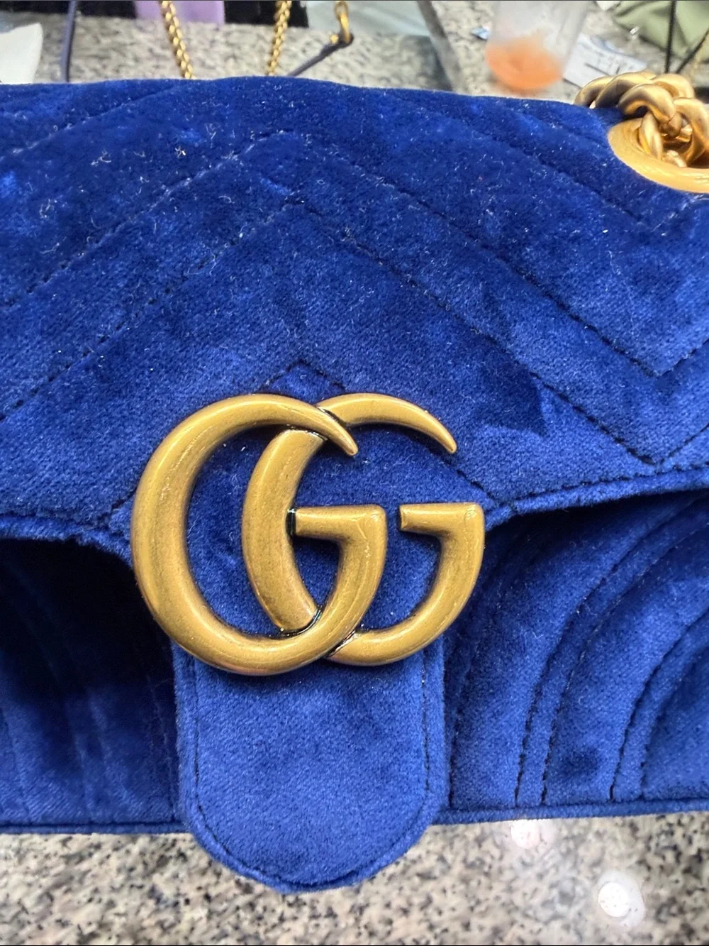 Gucci Royal Blue Velvet Shoulder Bag with Gold Hardware - Picture 6 of 9